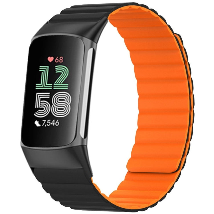 Fitbit Charge 6 / 5 Magnetic Watch Band Silicone Adjustable Wriststrap - Black+Orange#serie_2