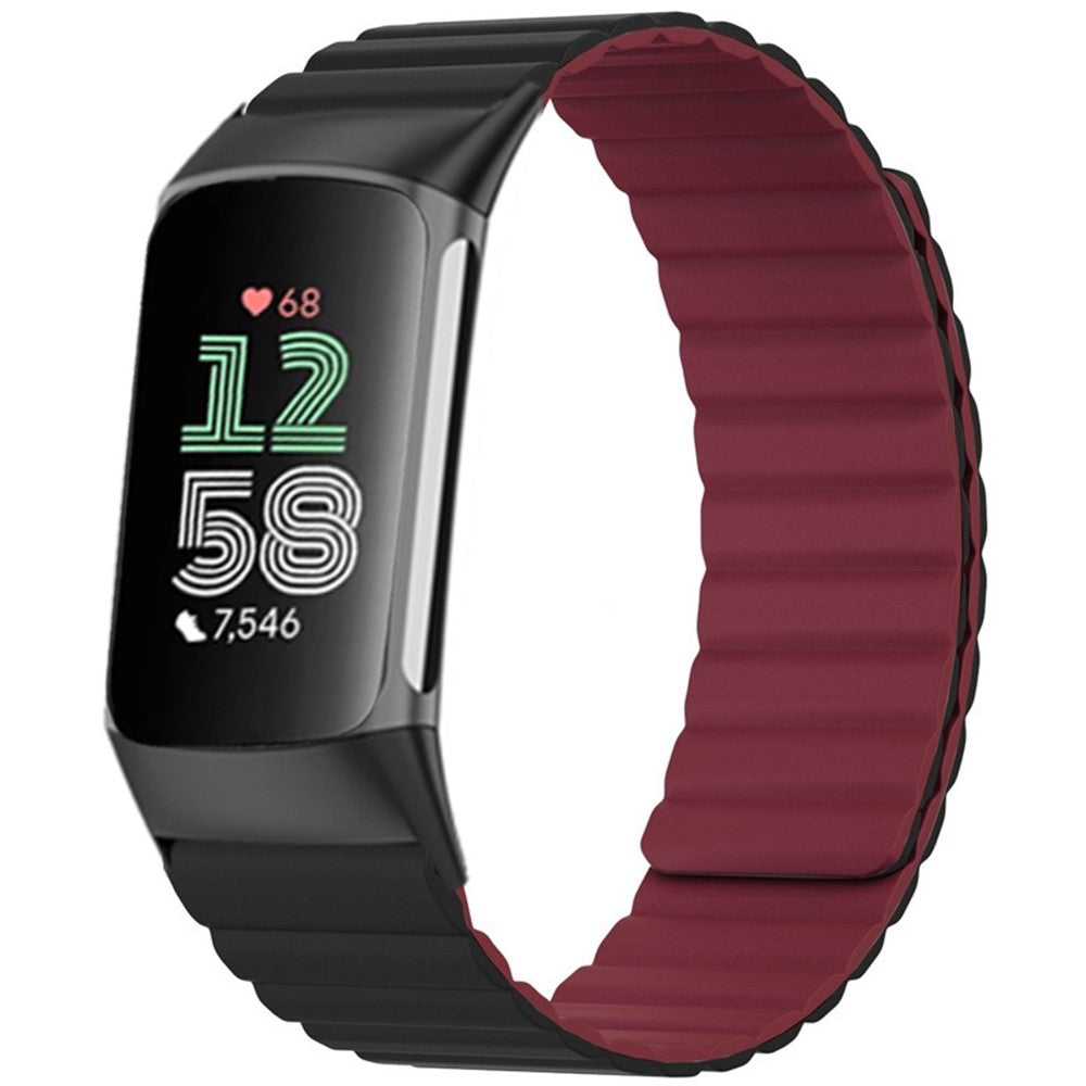 Fitbit Charge 6 / 5 Magnetic Watch Band Silicone Adjustable Wriststrap - Black+Wine Red#serie_4