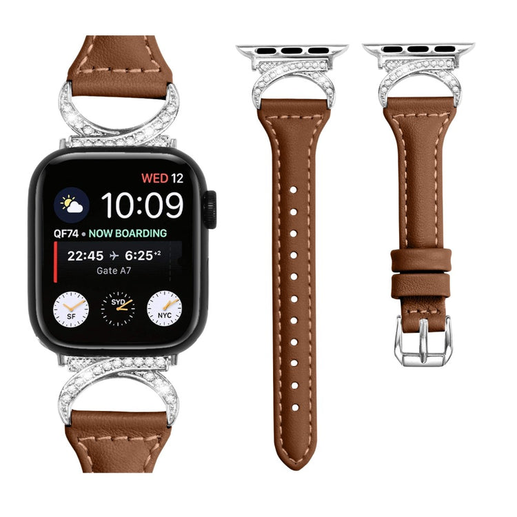 Sejt Ægte Læder Og Rhinsten Universal Rem passer til Apple Smartwatch - Brun#serie_6