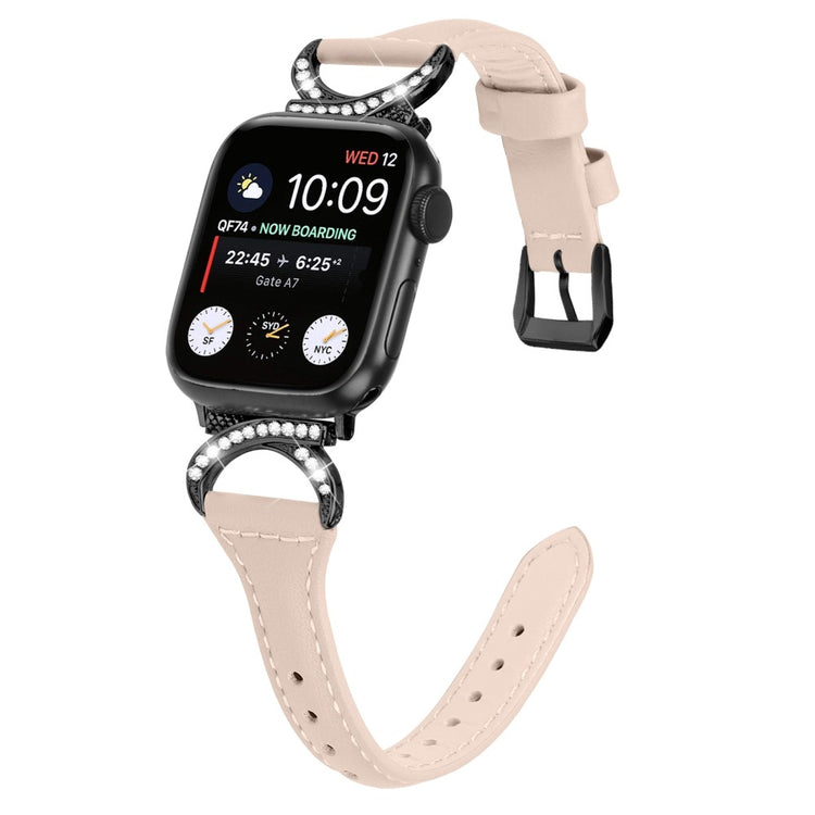 Smuk Ægte Læder Og Rhinsten Universal Rem passer til Apple Smartwatch - Beige#serie_5