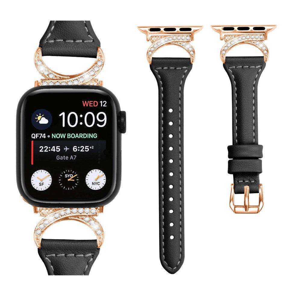 Solid Ægte Læder Og Rhinsten Universal Rem passer til Apple Smartwatch - Sort#serie_1