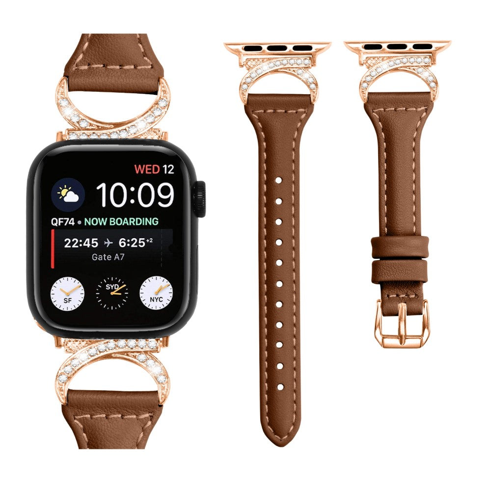 Solid Ægte Læder Og Rhinsten Universal Rem passer til Apple Smartwatch - Brun#serie_6