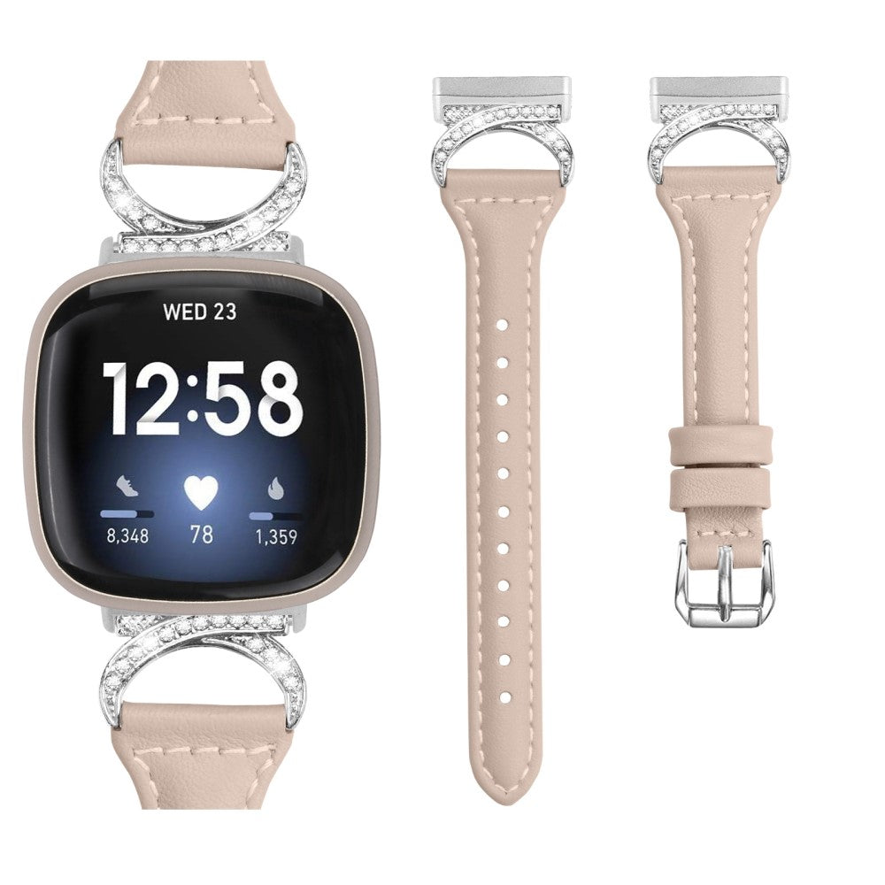 Godt Ægte Læder Og Rhinsten Universal Rem passer til Fitbit Smartwatch - Beige#serie_5