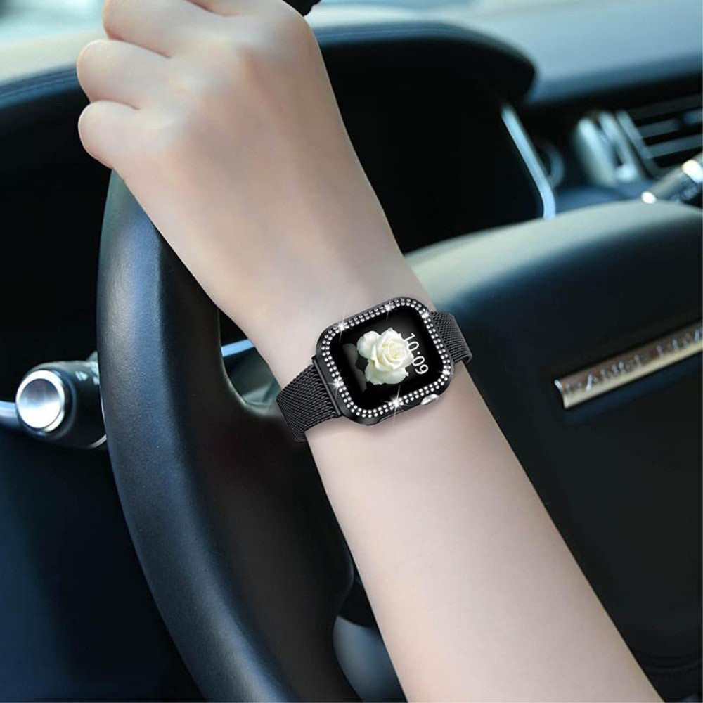 Apple Watch Series 8 (45mm) / Apple Watch Series 7 45mm Metal, Plastik og Rhinsten Rem - Sort#serie_1