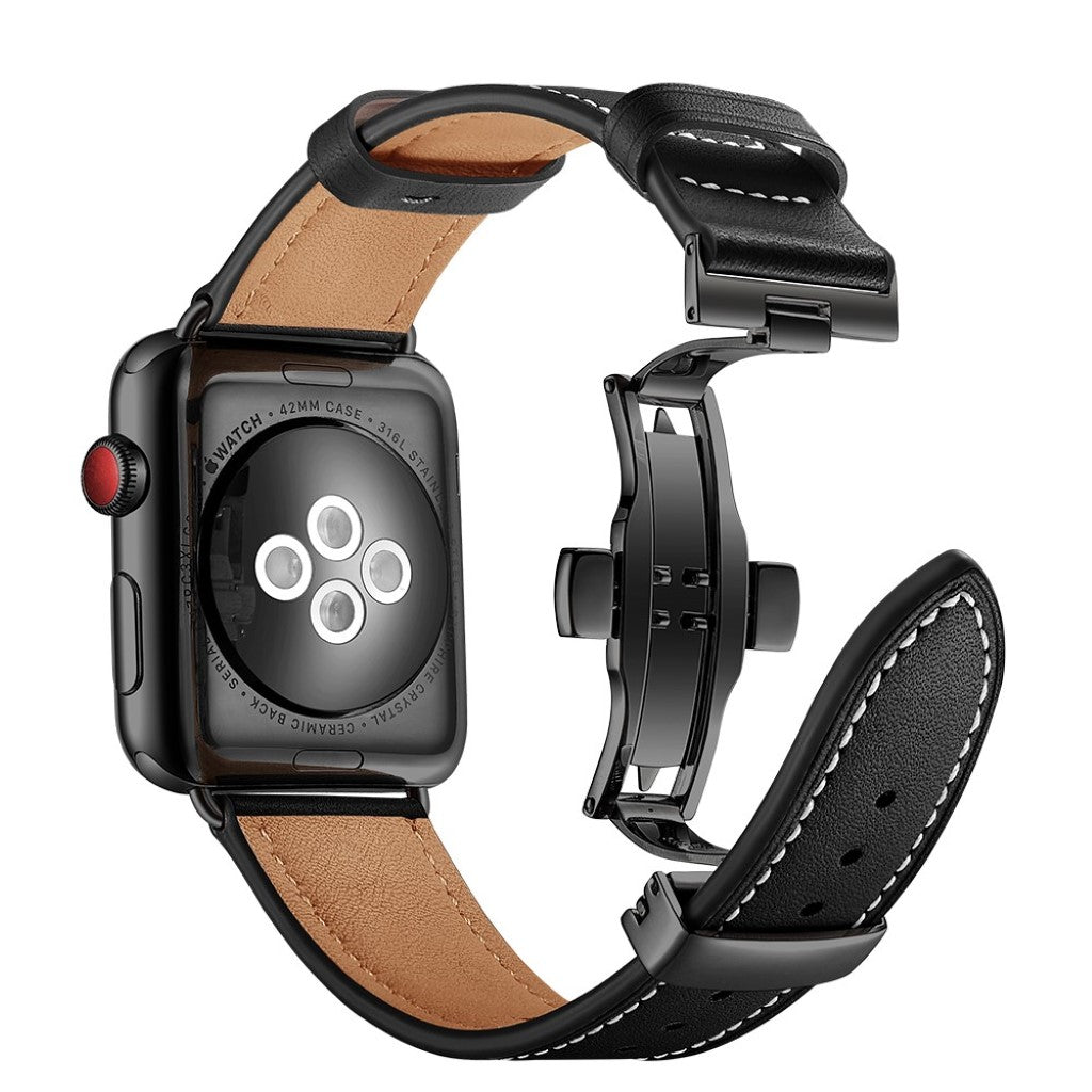 Apple Watch Series 5 44mm / Apple Watch 44mm Ægte læder Rem - Sort#serie_3