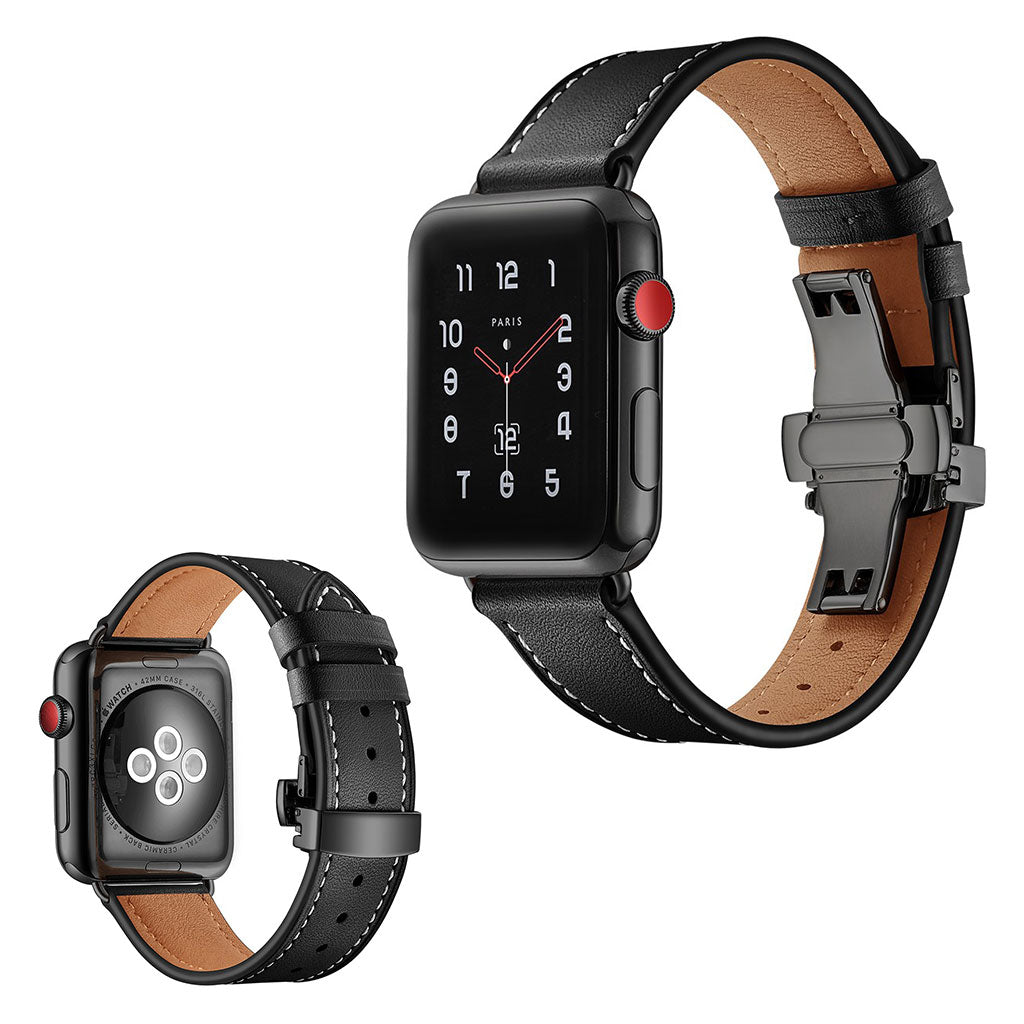 Apple Watch Series 5 44mm / Apple Watch 44mm Ægte læder Rem - Sort#serie_3