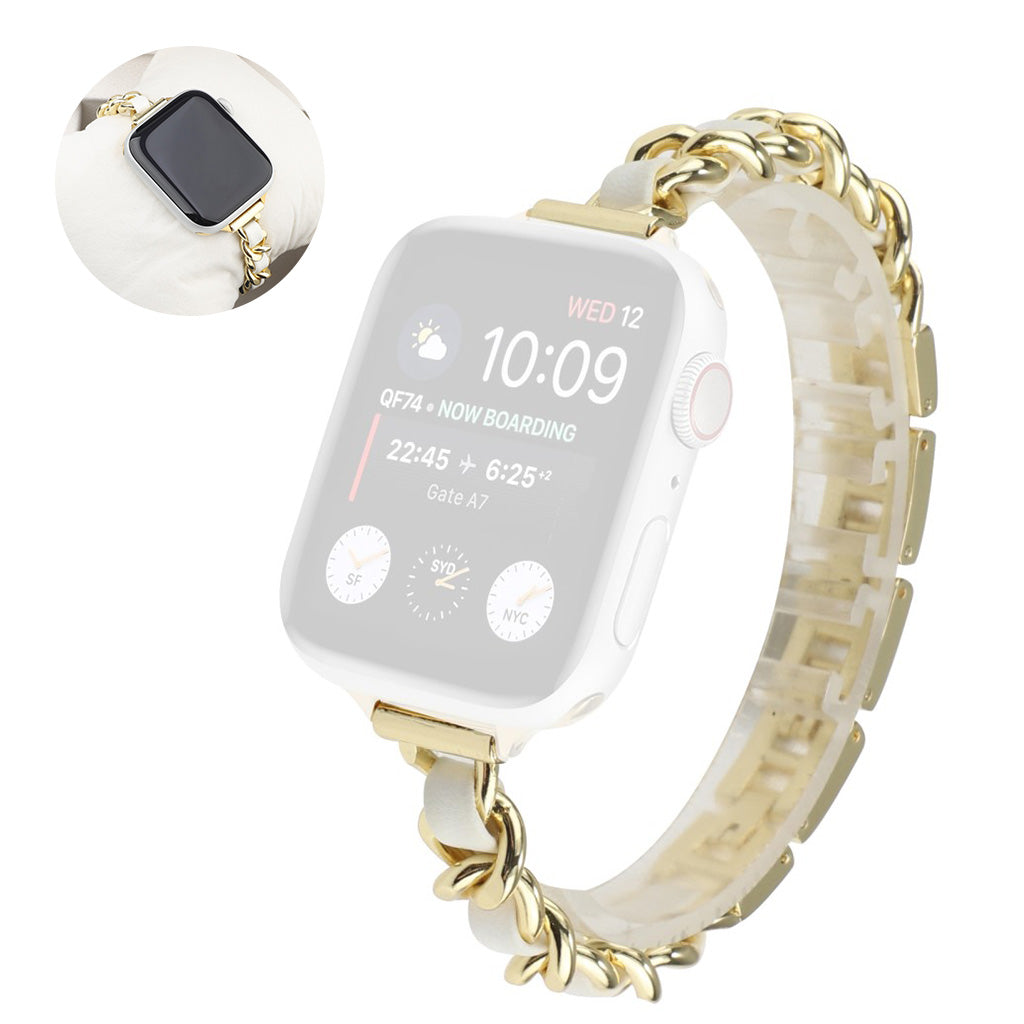 Stainless steel + leather watch band for Apple Watch Series 6 / 5 44mm - Gold / White#serie_2