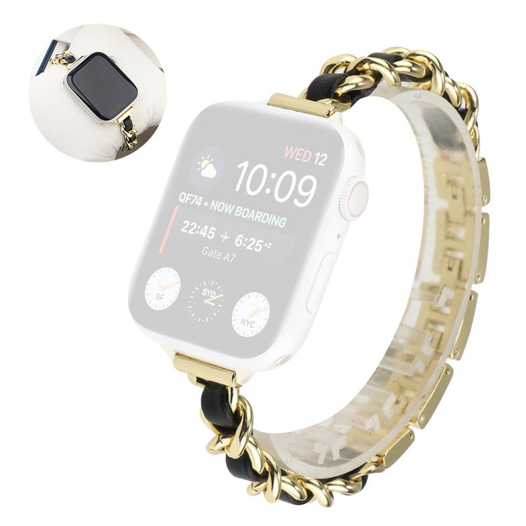 Stainless steel + leather watch band for Apple Watch Series 6 / 5 44mm - Gold / Black#serie_3