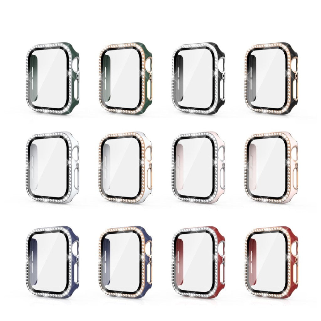 Meget Fed Apple Watch 44mm Cover med Skærmbeskytter i Plastik, Rhinsten og Hærdet Glas - Sort#serie_7