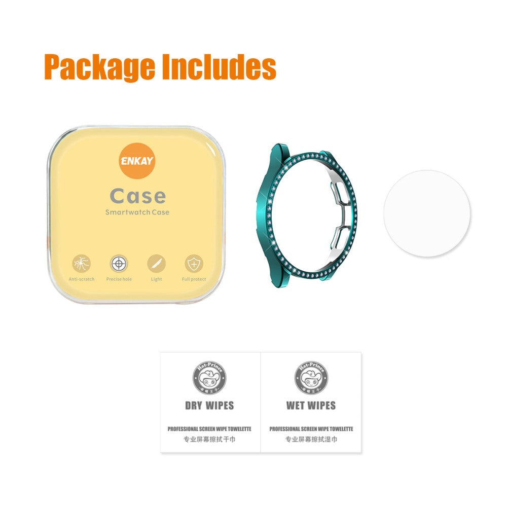 Mega Godt Samsung Galaxy Watch 4 Classic (46mm) Cover med Skærmbeskytter i Rhinsten og Hærdet Glas - Grøn#serie_1