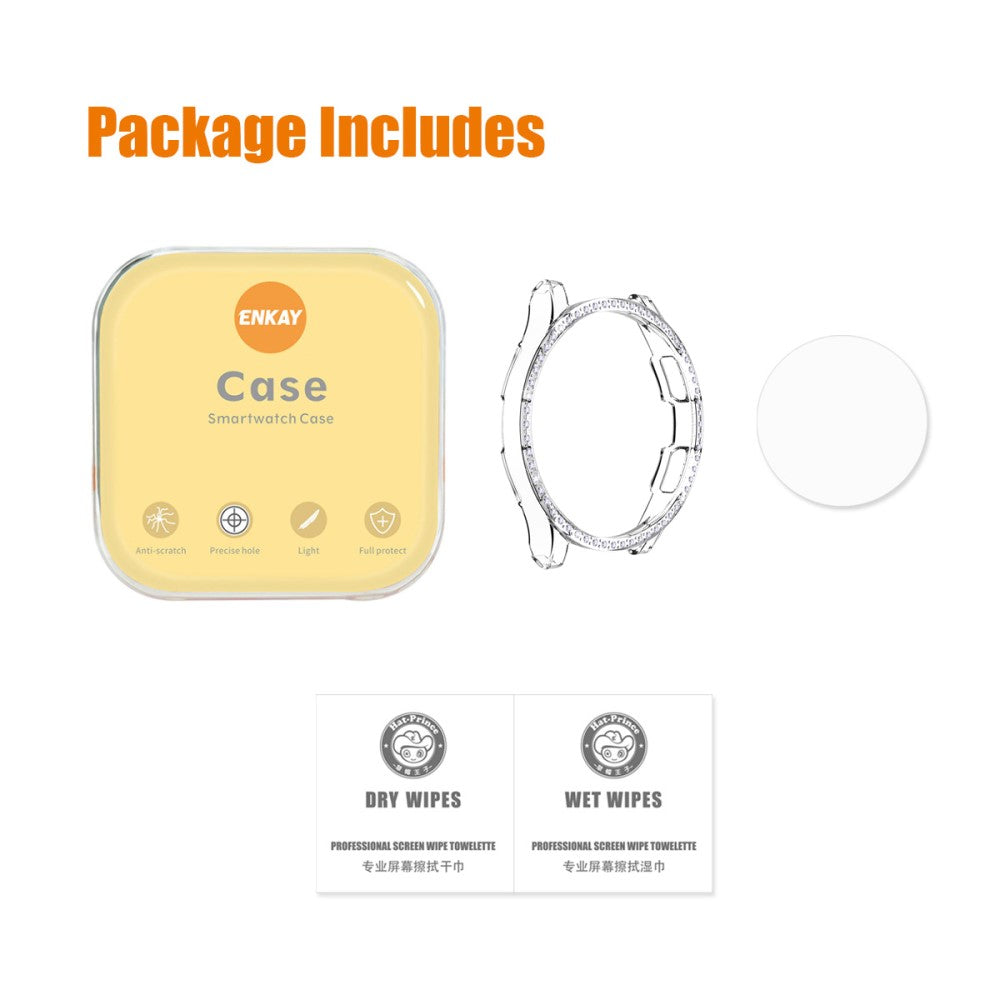 Mega Godt Samsung Galaxy Watch 4 Classic (46mm) Cover med Skærmbeskytter i Rhinsten og Hærdet Glas - Gennemsigtig#serie_4