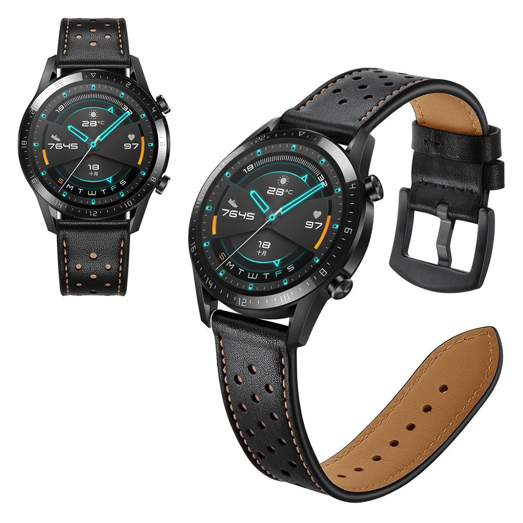 Mega komfortabel Huawei Watch GT 2 46mm รgte lรฆder Rem - Sort#serie_1