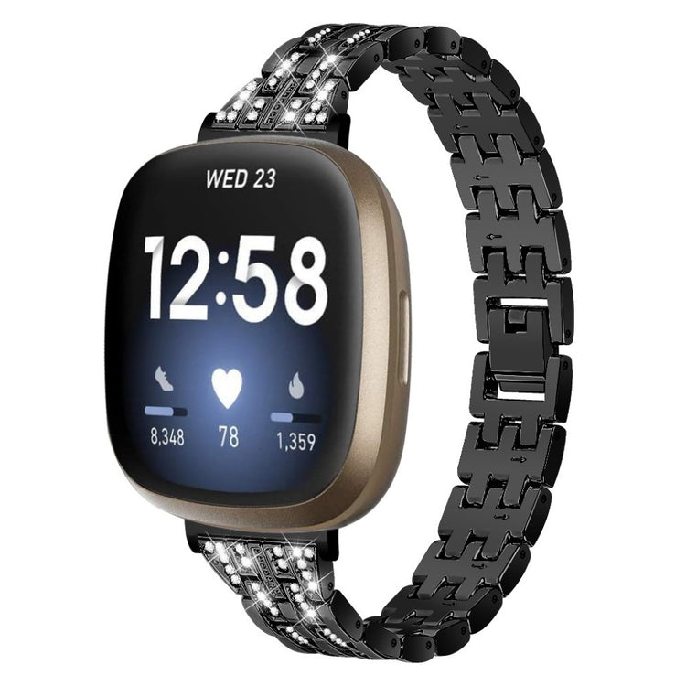 Kønt Fitbit Versa 3 / Fitbit Sense Metal og Rhinsten Rem - Sort#serie_1