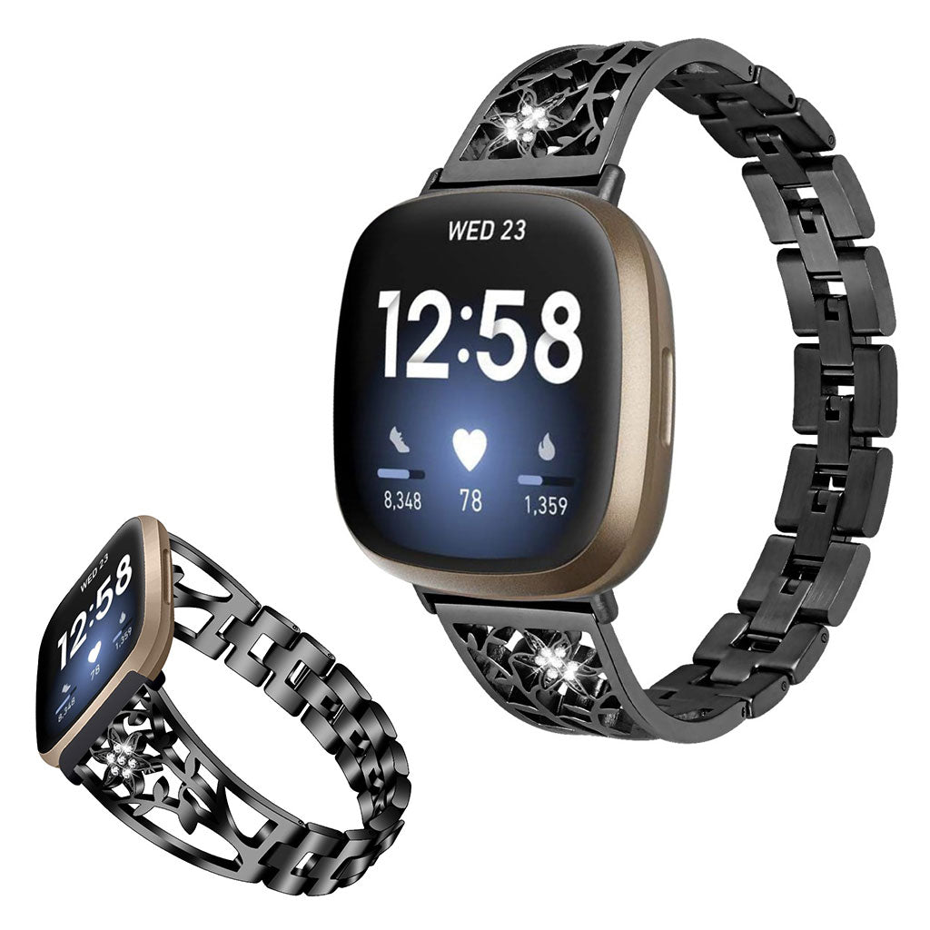 Stilren Fitbit Versa 3 / Fitbit Sense Metal og Rhinsten Rem - Sort#serie_1