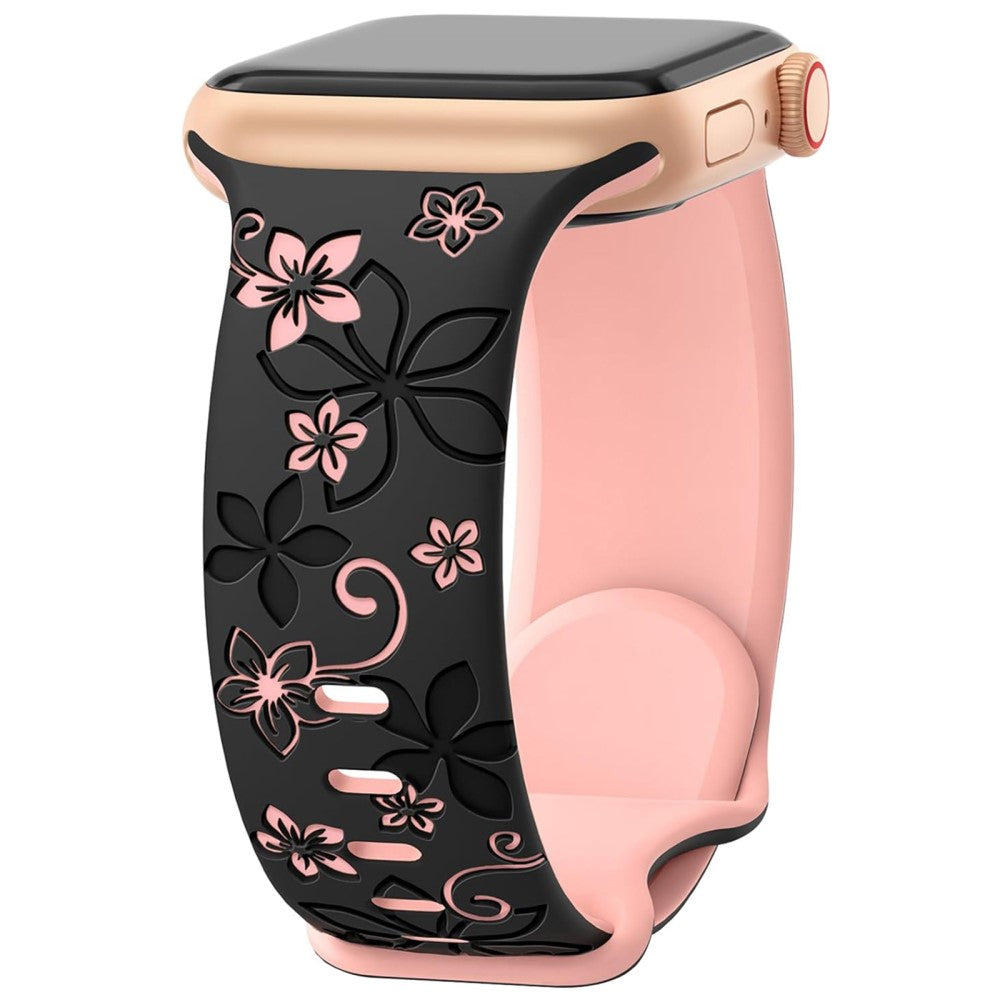 Apple Watch Series 41mm - 40mm - 38mm Silicone Flower Pattern Band - Black  /  Pink#serie_1