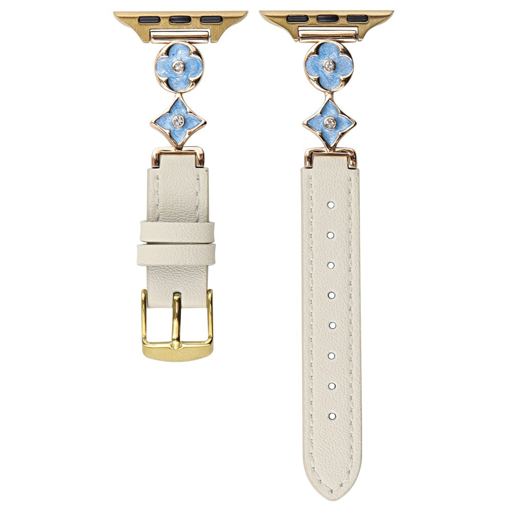 Apple Watch Series 41mm - 40mm - 38mm Leather Watch Band with Floral Connector - White / Blue Gold#serie_7