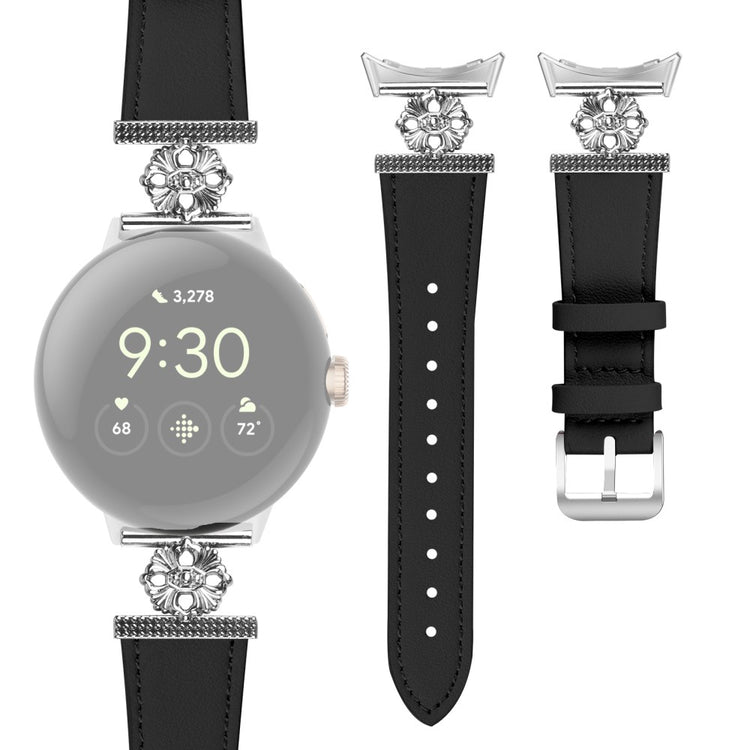 Google Pixel Watch 2 Watch Band Genuine Cow Leather Flower Decor Adjustable Strap - Black#serie_1