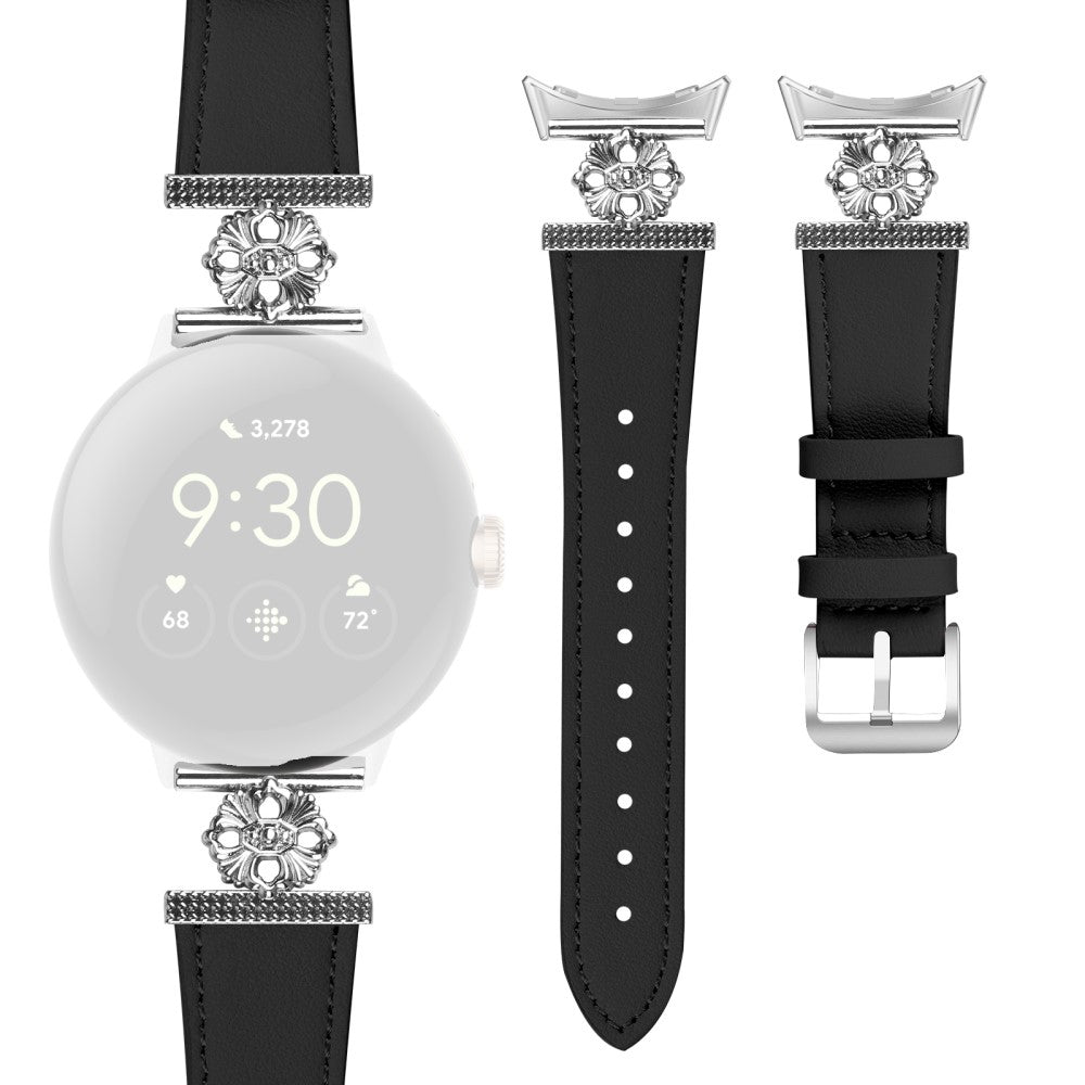 Google Pixel Watch Genuine Cow Leather Band Flower Decor Adjustable Strap - Black#serie_1