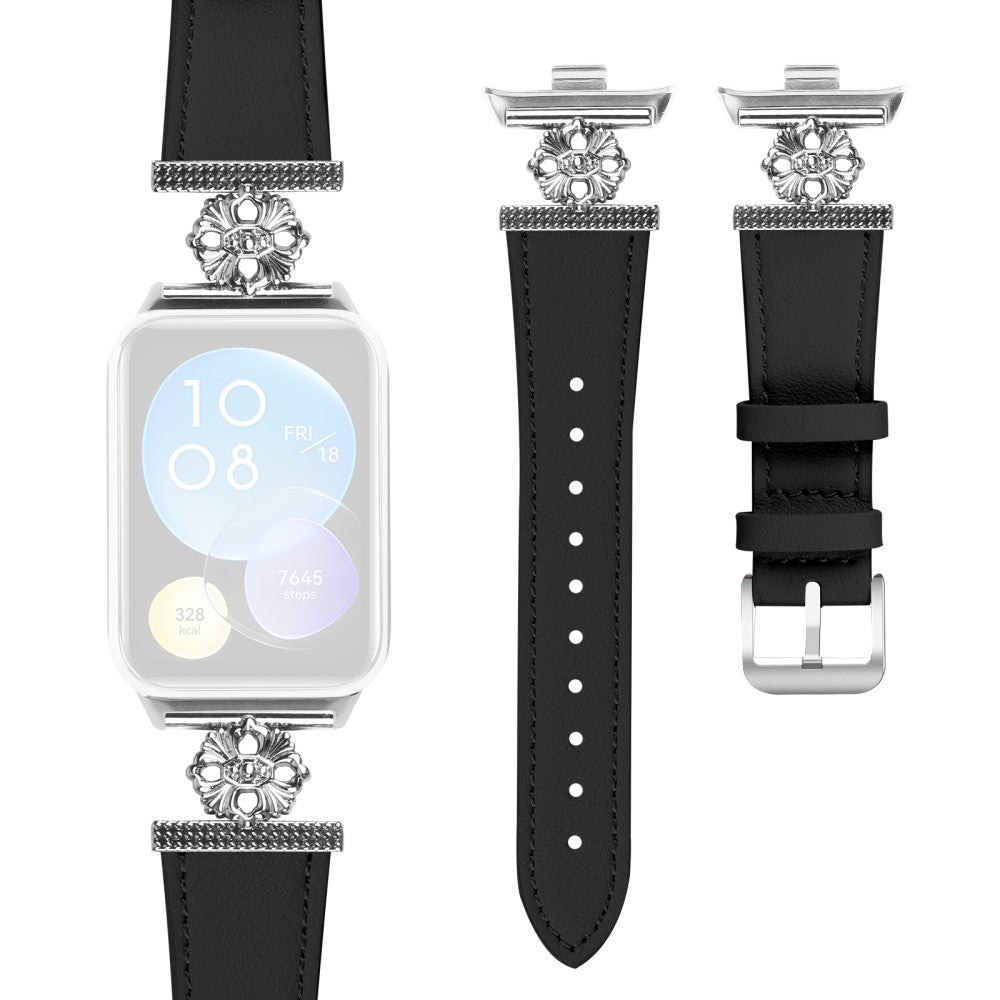 Xiaomi Smart Band 8 Pro Watch Band Genuine Cow Leather Flower Decor Adjustable Strap - Black#serie_3