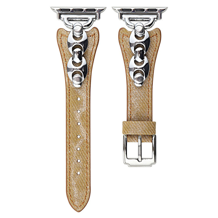 Watch Band Apple Watch Series 10 46mm Metal D-Buckle Denim Leather Strap - Light Brown  /  Silver#serie_4