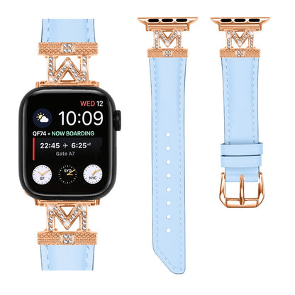 Godt Kunstlæder Og Rhinsten Universal Rem passer til Apple Smartwatch - Blå#serie_4