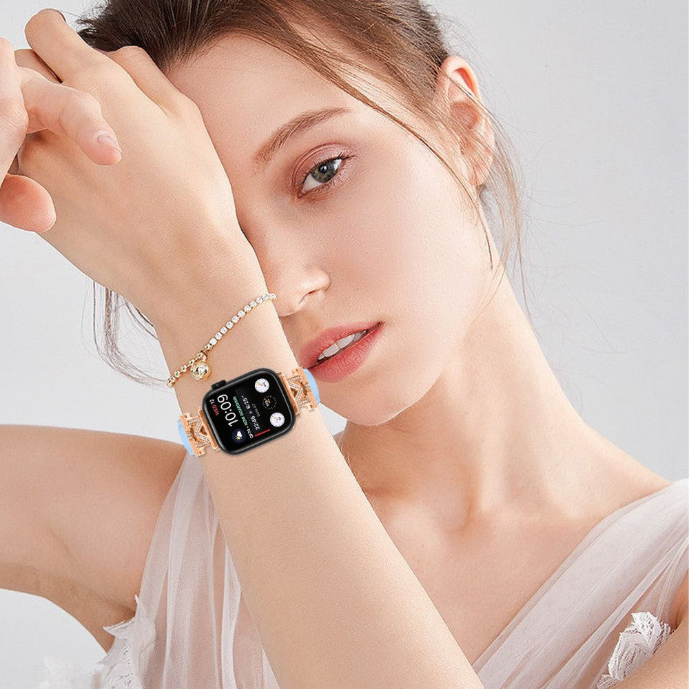 Godt Kunstlæder Og Rhinsten Universal Rem passer til Apple Smartwatch - Blå#serie_4