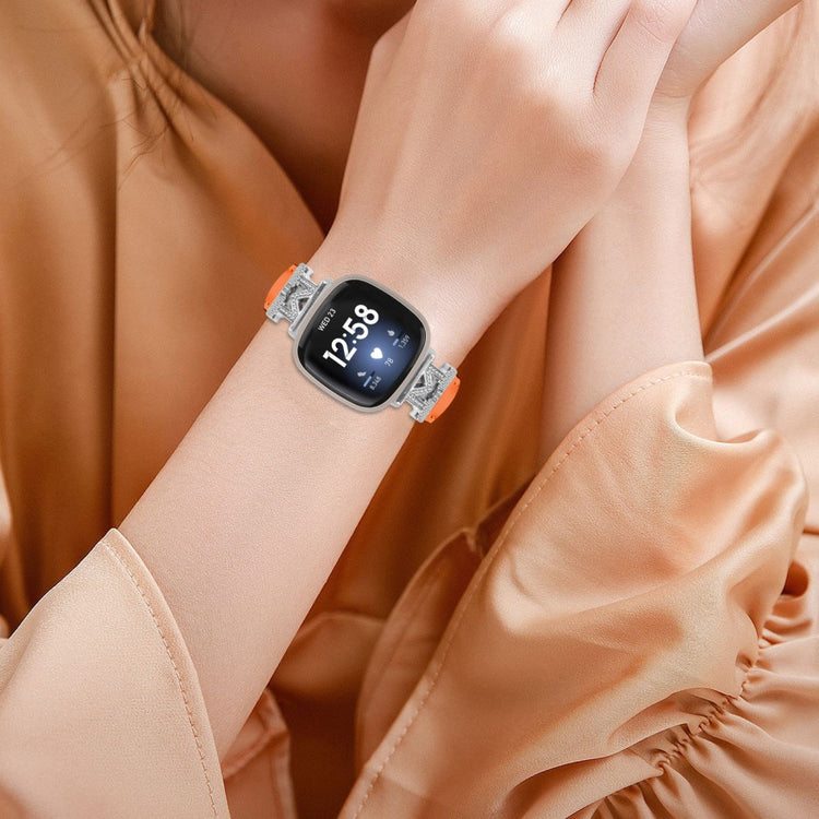 Kønt Ægte Læder Og Rhinsten Universal Rem passer til Fitbit Smartwatch - Orange#serie_2
