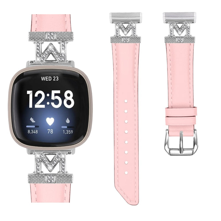 Kønt Ægte Læder Og Rhinsten Universal Rem passer til Fitbit Smartwatch - Pink#serie_3
