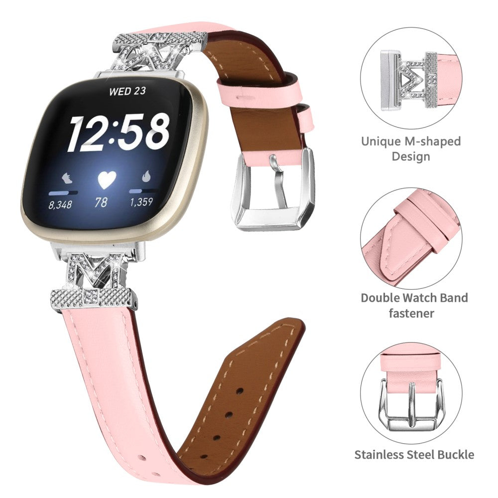 Kønt Ægte Læder Og Rhinsten Universal Rem passer til Fitbit Smartwatch - Pink#serie_3