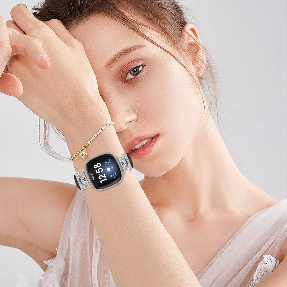 Kønt Ægte Læder Og Rhinsten Universal Rem passer til Fitbit Smartwatch - Sort#serie_4