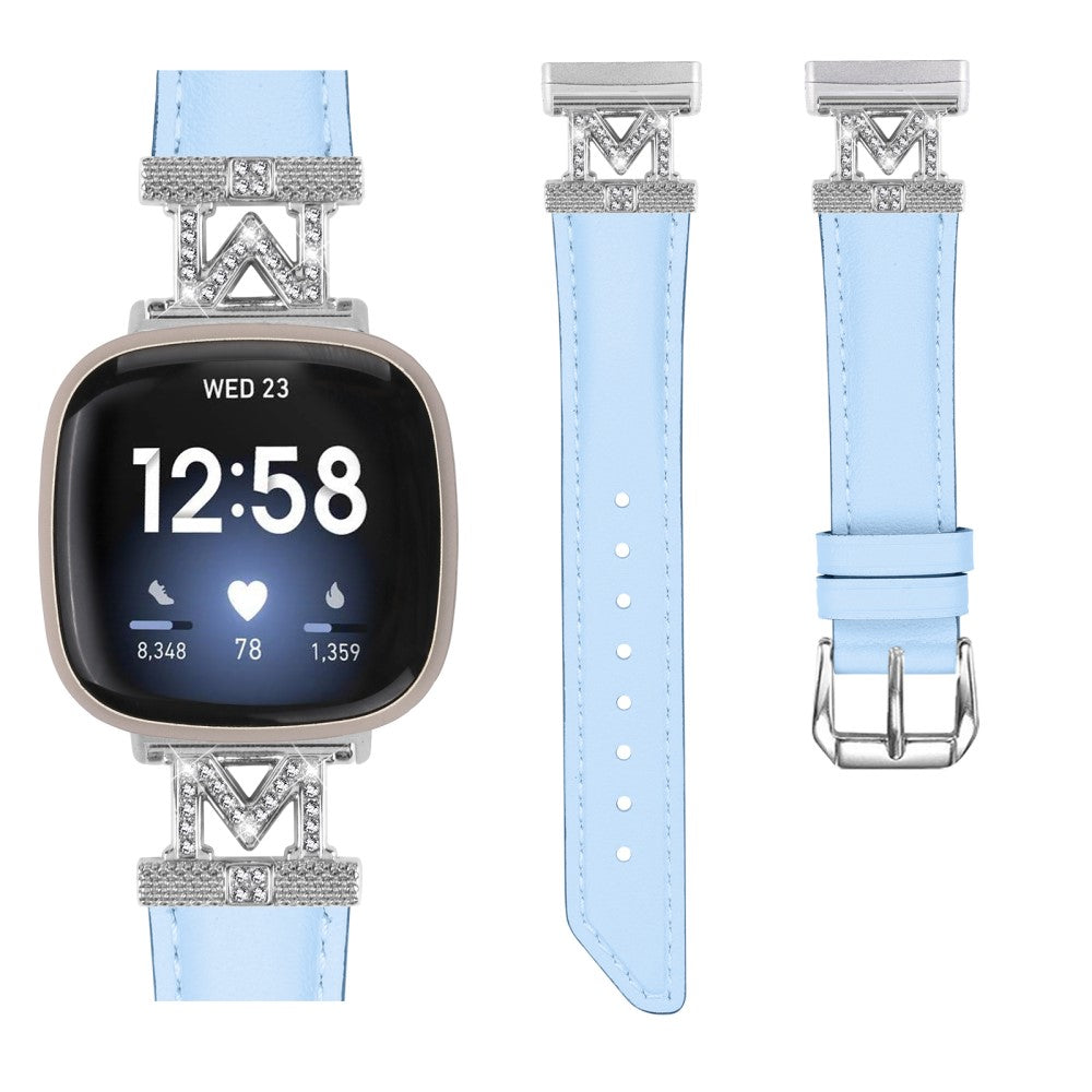 Kønt Ægte Læder Og Rhinsten Universal Rem passer til Fitbit Smartwatch - Blå#serie_5
