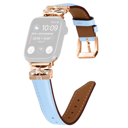 Solid Kunstlæder Og Rhinsten Universal Rem passer til Apple Smartwatch - Blå#serie_4