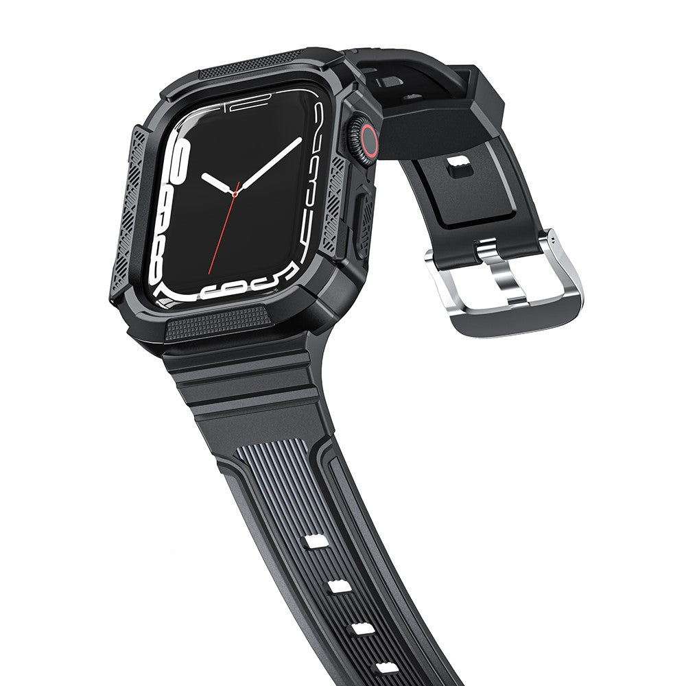 Apple Watch Series 9 / 8 / 7 45mm / 6 / 5 / 4 44mm / 3 / 2 / 1 42mm / SE (2022) 44mm / SE (2023) / SE 44mm Flexible Strap Integrated with Bump Resistant Watch Case - Black+Silver#serie_7