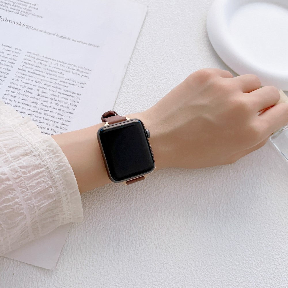Stilren Ægte Læder Og Metal Universal Rem passer til Apple Smartwatch - Brun#serie_6