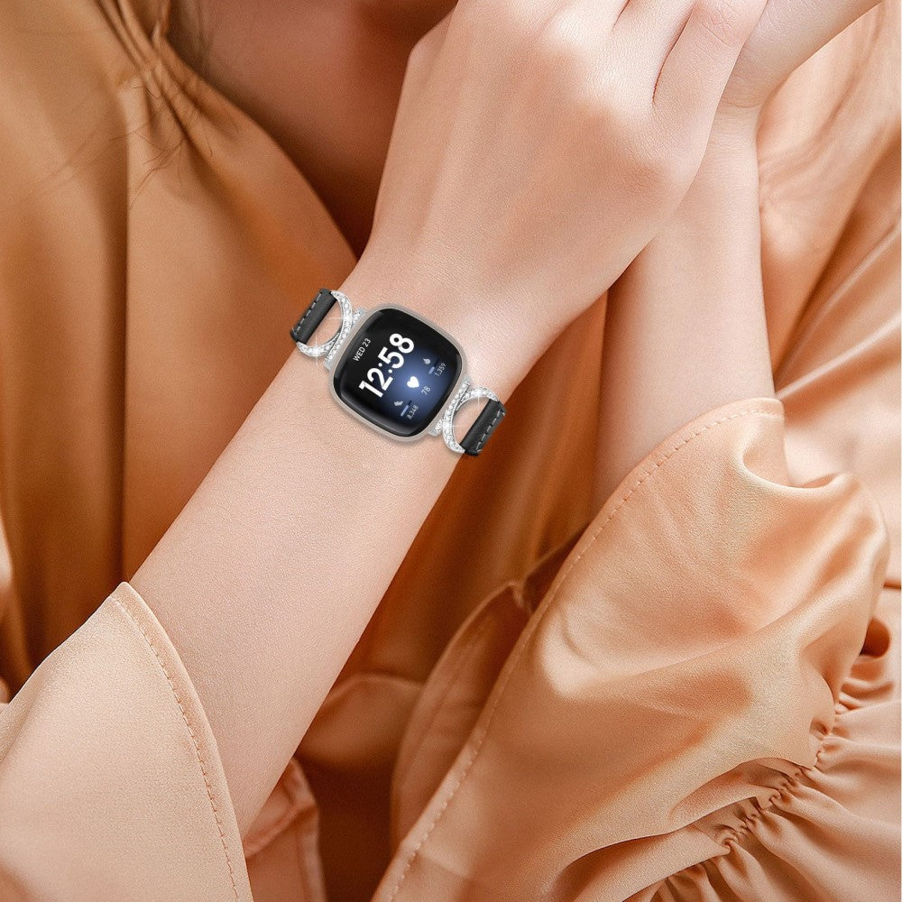 Godt Ægte Læder Og Rhinsten Universal Rem passer til Fitbit Smartwatch - Sort#serie_1