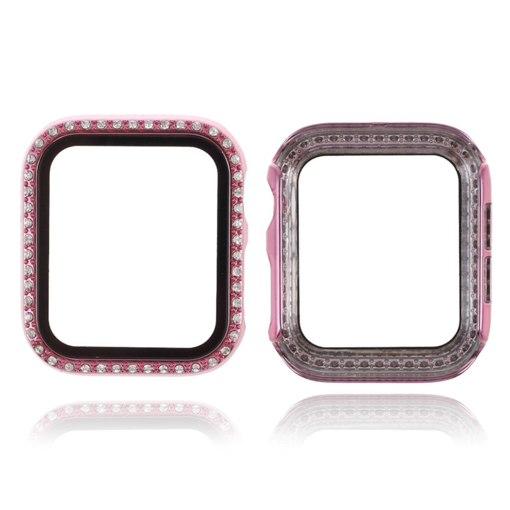 Meget Flot Apple Watch Series 1-3 42mm Cover med Skærmbeskytter i Rhinsten, Silikone og Hærdet Glas - Pink#serie_6